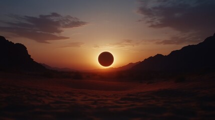 Obraz premium Desert Eclipse: A breathtaking sunset over Wadi Rum, Jordan, with a total solar eclipse casting an eerie glow on the landscape.