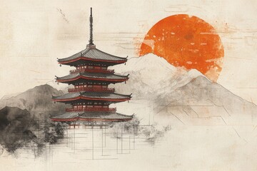 Japanese Pagoda Sunset Mountain Landscape Art Print