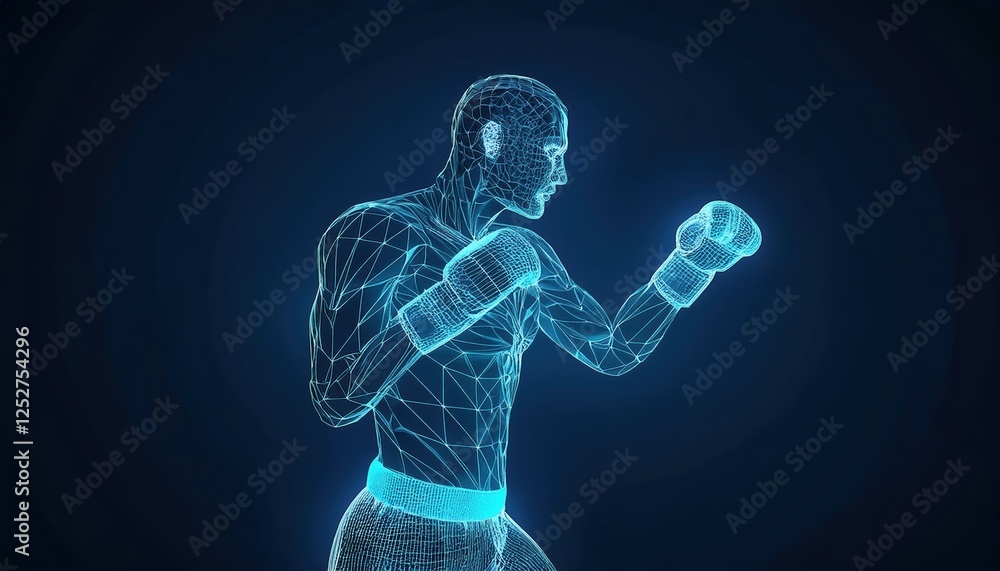 Poster wireframe model of athlete performs kickboxing against blue background showcasing dynamic movement a