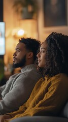 Fototapeta premium Couple enjoying time together in a cozy living room during evening hours