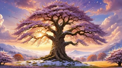 Obraz premium Majestic Blossom Tree in a Dreamlike Spring Landscape