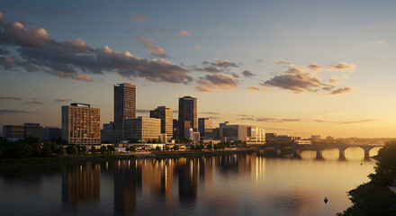 Fototapeta premium Cityscape at Sunset Reflections Over Water with Buildings and Bridge View