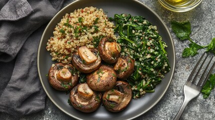 A plate of roasted garlic and herb mushrooms served with a side of quinoa and sauted spinach