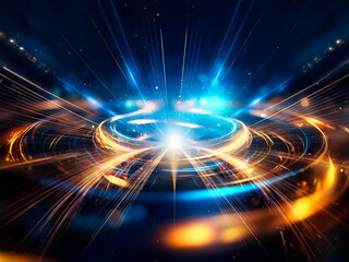 Obraz premium Radiant light bursts from the center, illuminating dynamic blue and orange lines in a circular motion, creating an abstract and energetic visual.