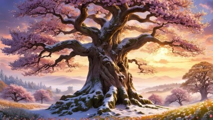 Naklejka premium Majestic Blossom Tree in a Dreamlike Spring Landscape