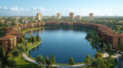 Lakeside apartment complex, suburban cityscape, aerial view, real estate
