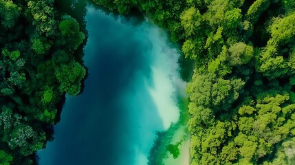 Aerial view of a lake surrounded by lush green forest with clear turquoise waters