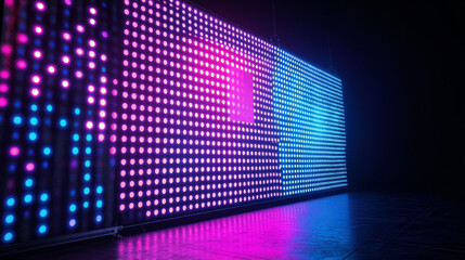 Realistic LED screen on stage. Vector illustration of large LCD display with glowing neon blue and pink dot lights isolated on black background. Concert hall, modern theater, night club decoration