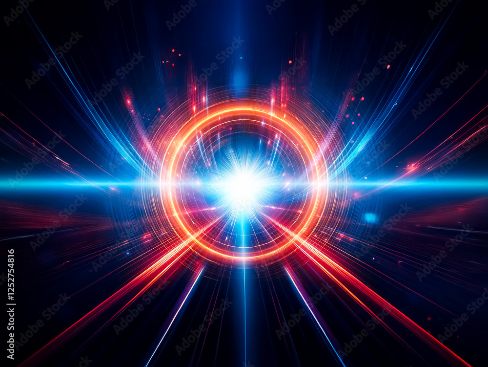 Poster Vibrant light explosion emanating from a central point, surrounded by a glowing ring. Dynamic rays of blue and red light burst outwards against a dark backdrop.