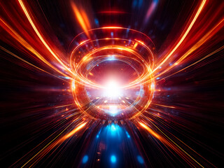 Obraz premium Explosive center of bright light with orange and blue glowing rings and streaks against a dark background. Abstract design conveys energy and motion.