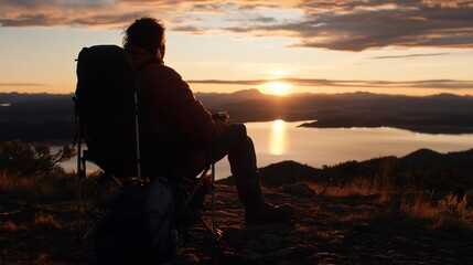 Obraz premium Sunrise Serenity: A Man Contemplates Nature's Majesty from a Mountaintop