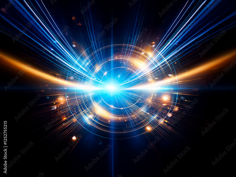 Poster intricate glowing concentric circles in gold and blue, emitting light streaks across a dark backgrou