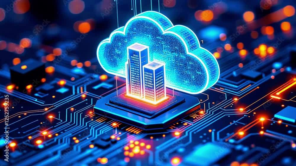 Aufkleber futuristic digital cloud computing concept with glowing skyscrapers on a circuit board background