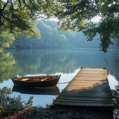 Obraz premium A peaceful dock by the lake, with a small boat gently rocking in the water