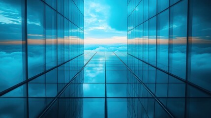 Plakat Skywalk between skyscrapers, cloudscape view