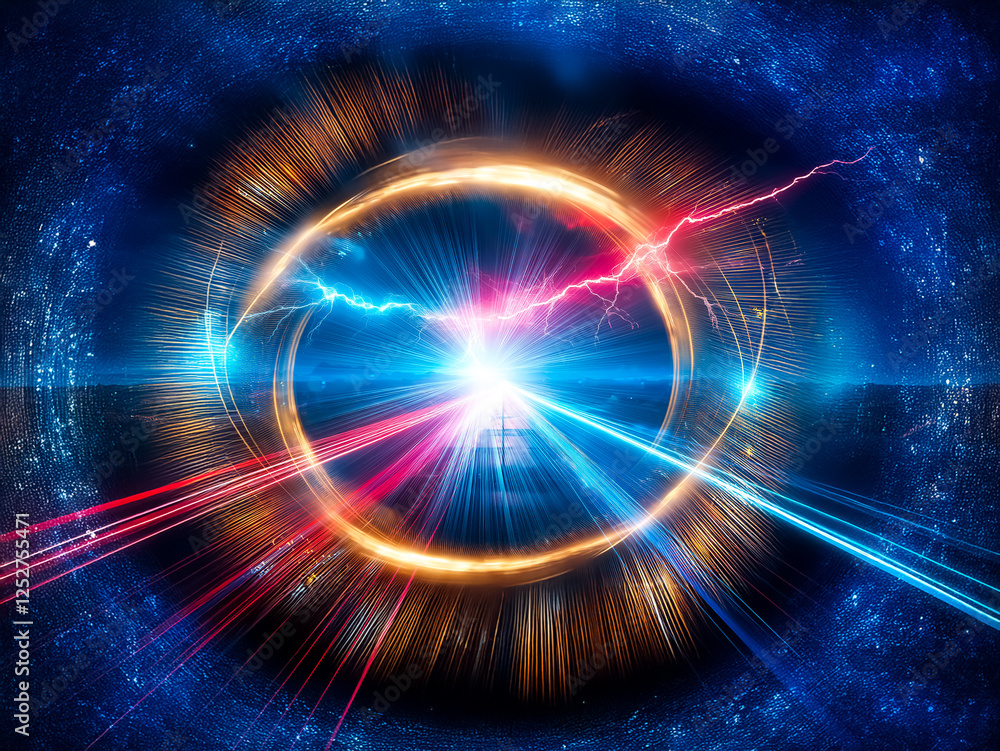 Poster bright center emits radiant beams, surrounded by a vibrant circular aura with dynamic red and blue e