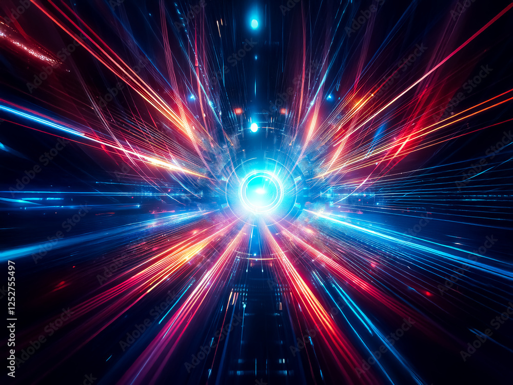 Poster Abstract digital art depicting a futuristic, glowing portal with vibrant streaks of light radiating outwards in a symmetrical pattern. The central element is a circular mechanism, suggesting technolog