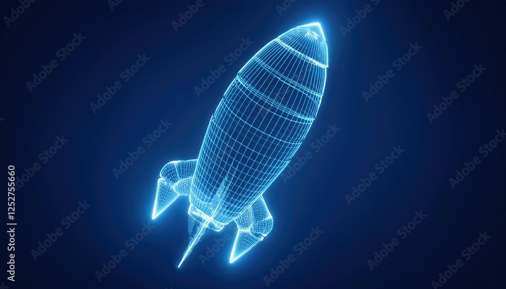 Poster wireframe model of a futuristic rocketship set against a blue background showcasing design details a
