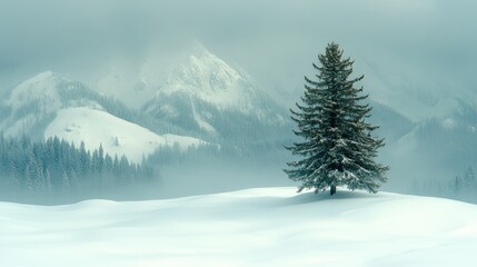 Solitary Pine in a Snowy Mountain Landscape