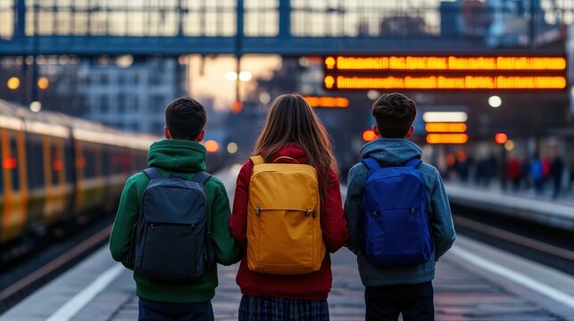 Two children with backpacks waiting for a train at a railway station platform