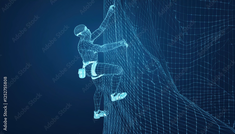 Poster dynamic representation of a climber scaling a wireframe in a digital landscape with a blue backdrop 