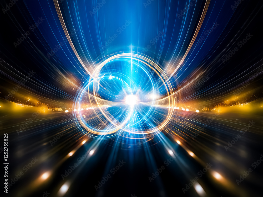 Poster Abstract image of glowing blue and gold concentric circles, creating a dynamic, energy-filled sphere against a dark background.  The light trails suggest movement and power.