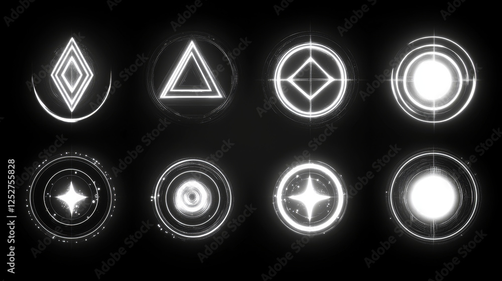 Poster neon ring set - glowing white circular frames with varying lined patterns. luminous geometric shapes