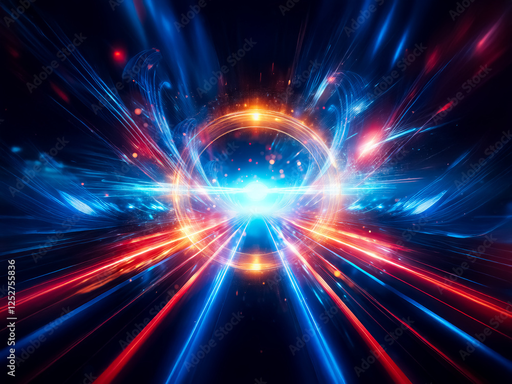Leinwandbilder Abstract digital artwork featuring vibrant blue and red light trails converging into a bright center with a circular element, creating a dynamic and futuristic energy.