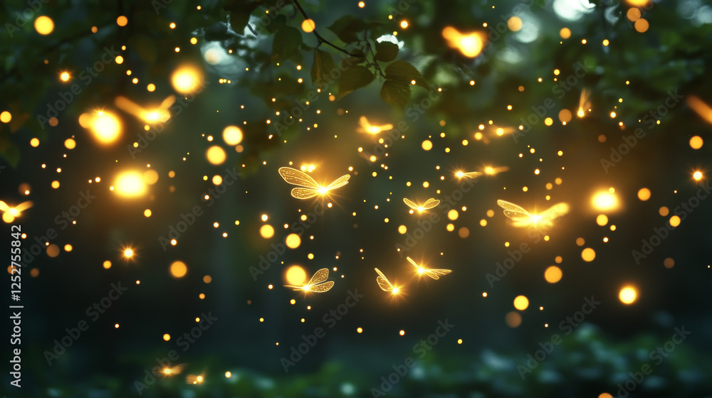 Poster white firefly light glow flowing. star particle spell overlay on transparent background dark space. 