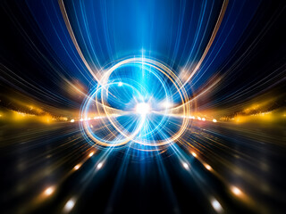 Fototapeta premium Abstract image of glowing blue and gold concentric circles, creating a dynamic, energy-filled sphere against a dark background. The light trails suggest movement and power.