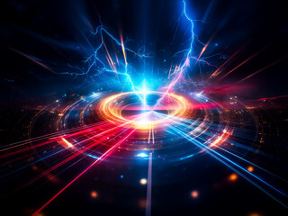 Obraz premium Dynamic burst of vibrant light and blue lightning on dark. Circular rings and rays create energetic, abstract, futuristic scene.