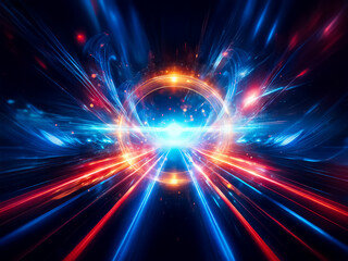 Obraz premium Abstract digital artwork featuring vibrant blue and red light trails converging into a bright center with a circular element, creating a dynamic and futuristic energy.