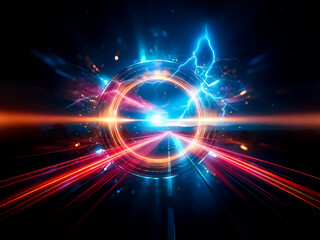 Obraz premium A luminous orb, encircled by glowing rings, emits vibrant orange and blue energy bursts against a dark backdrop. The sphere radiates light and power.