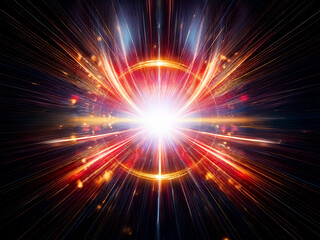 Obraz premium A vibrant, cosmic explosion of light and energy. A bright blue core is encircled by a glowing golden ring, radiating streaks across a dark background. The image evokes feelings of power and wonder.