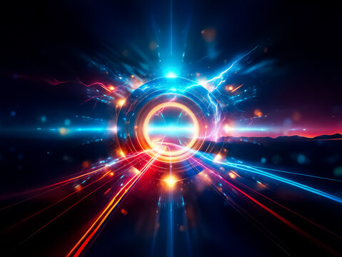 A futuristic, glowing orb of metallic concentric circles emits vibrant blue and orange light beams against a dark background.  The intricate design suggests advanced technology or a powerful energy so