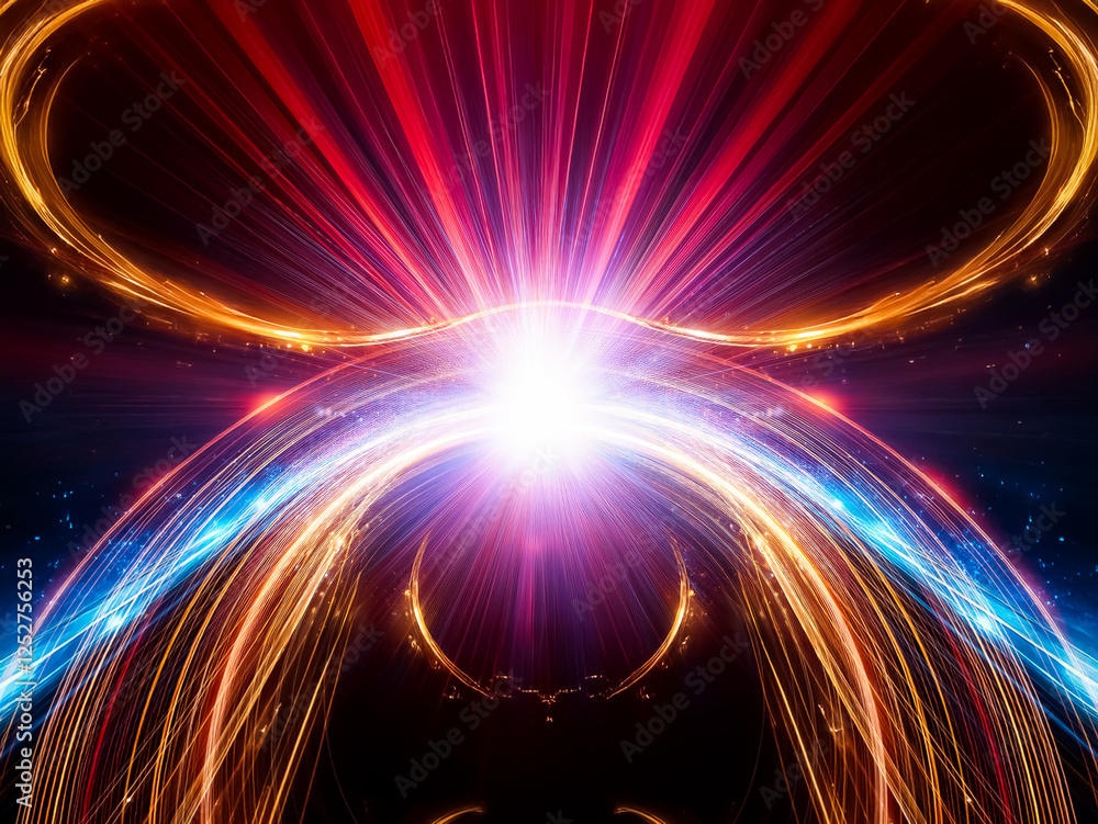 Poster a mesmerizing cosmic scene with bright blue and gold light trails converging at a radiant central po