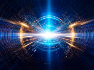 Obraz premium Intense light bursts from a central point, radiating outwards within concentric golden rings against a deep blue backdrop. The effect is one of cosmic energy and power.