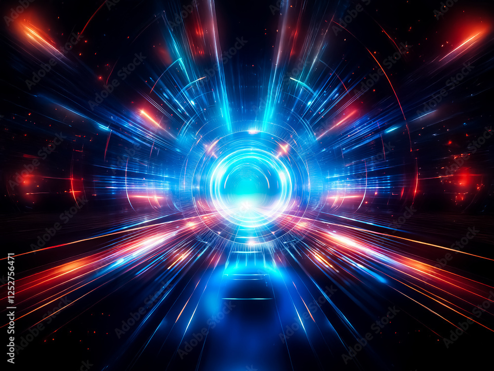 Aufkleber Futuristic abstract tunnel. Bright blue light emanates from the center, surrounded by dynamic red and orange streaks, creating speed and depth in a dark space.
