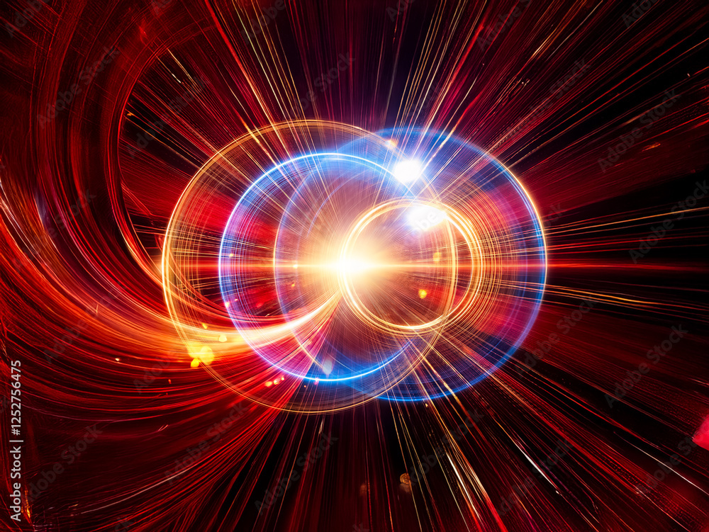 Poster abstract image of two glowing, concentric circles. blue and gold light trails create a dynamic, swir