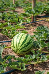 A watermelon is sitting on the ground in a field of green plants