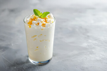 Glass of probiotic kefir with honey and fresh mint garnish