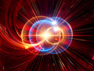 Fototapeta premium Abstract image of two glowing, concentric circles. Blue and gold light trails create a dynamic, swirling effect against a black background. The artwork evokes a sense of energy and movement.