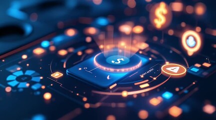 Digital finance, global transactions, glowing circuit board, secure payment