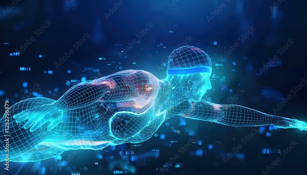 Poster swimmer in wireframe model gliding through digital blue background representing motion and speed in 