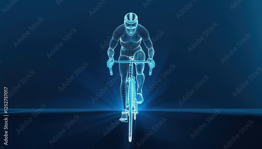Poster wireframe representation of a cyclist in a triathlon setting against a blue background showcasing at