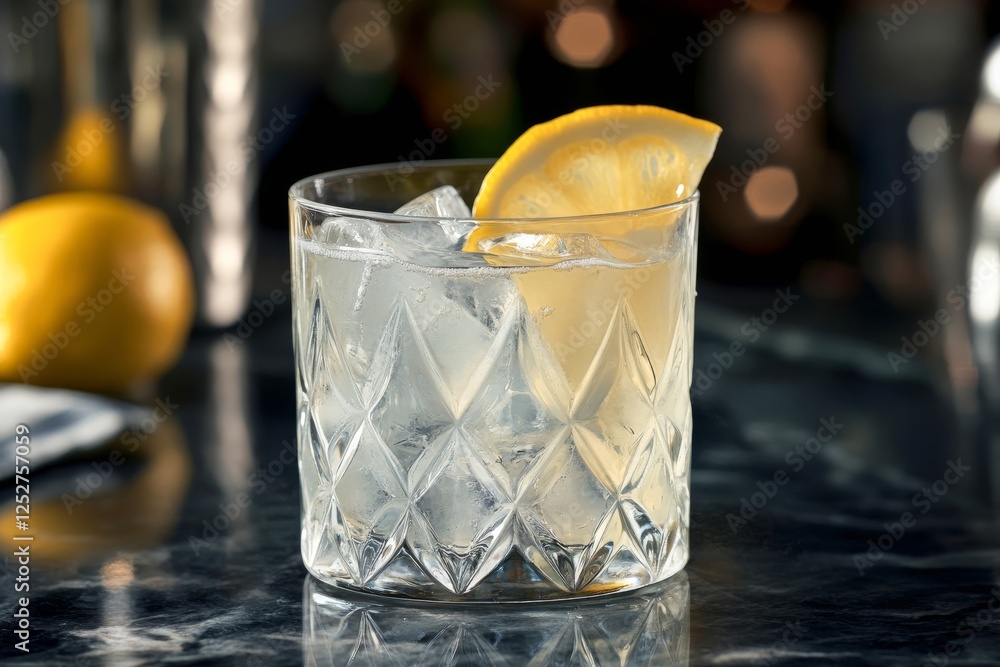 Poster refreshing drink with lemon slice and ice on a marble counter in bright light