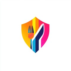 Colorful restaurant logo, shield design, fork and knife