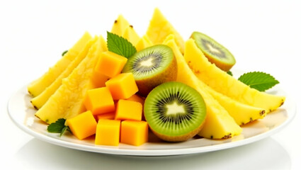 Colorful Tropical Fruit Platter Pineapple Mango Kiwi White Background Food Photography
