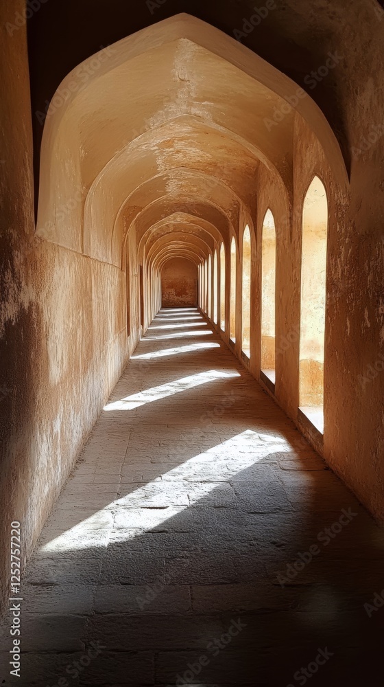 Poster sunlight filters through an old underpass creating a serene atmosphere in the woods during the morni