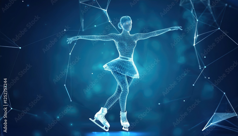 Poster wireframe design of a female figure skater in a dynamic skating pose showcasing grace and precision 